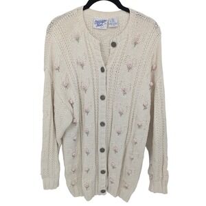 Vintage Cardigan Womens M Cream Pink Rose‎ Cable Knit Thick Cottagecore Sweater